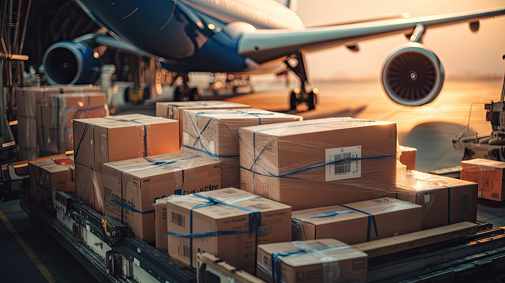 Large boxes of goods are loaded onto transport planes, international freight transport