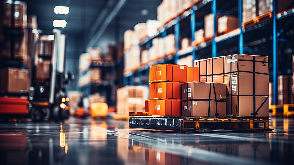 warehouse full of shelves with goods in cartons, with pallets and forklifts